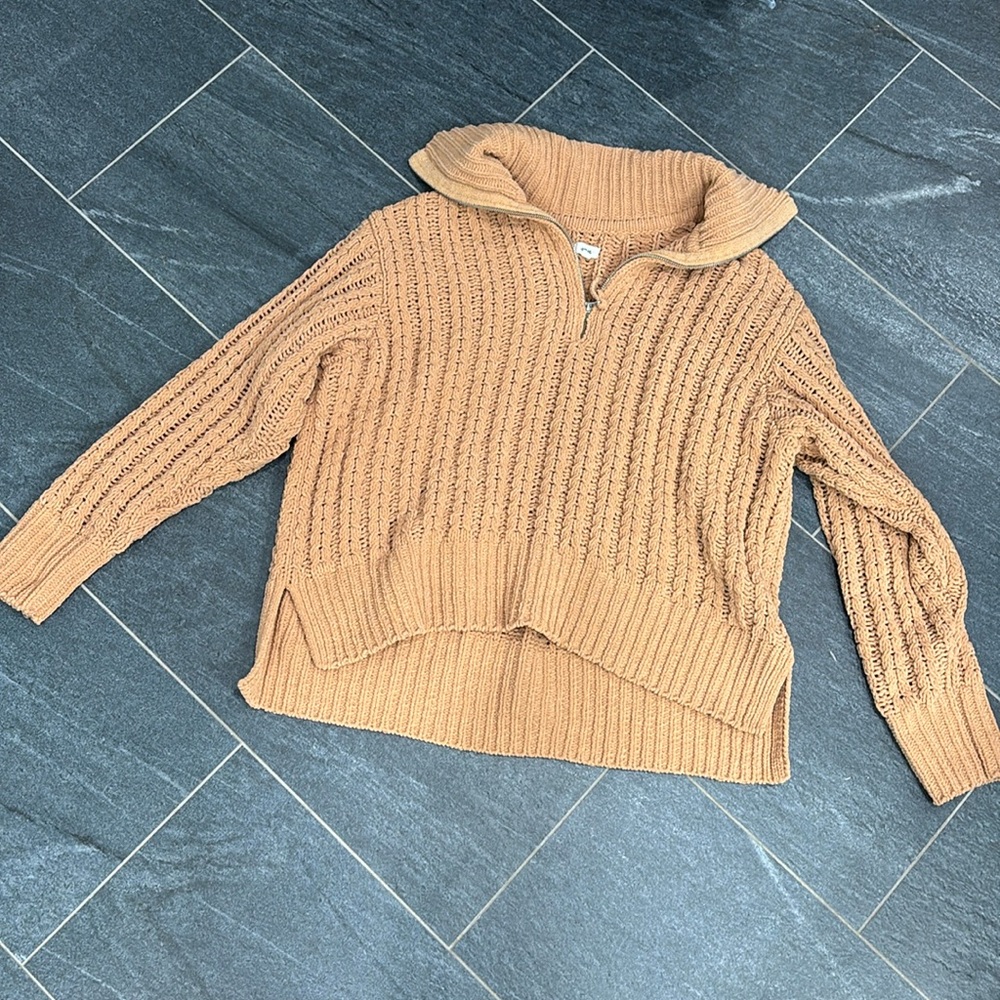 Aerie Tan Knit Half-Zip Sweater